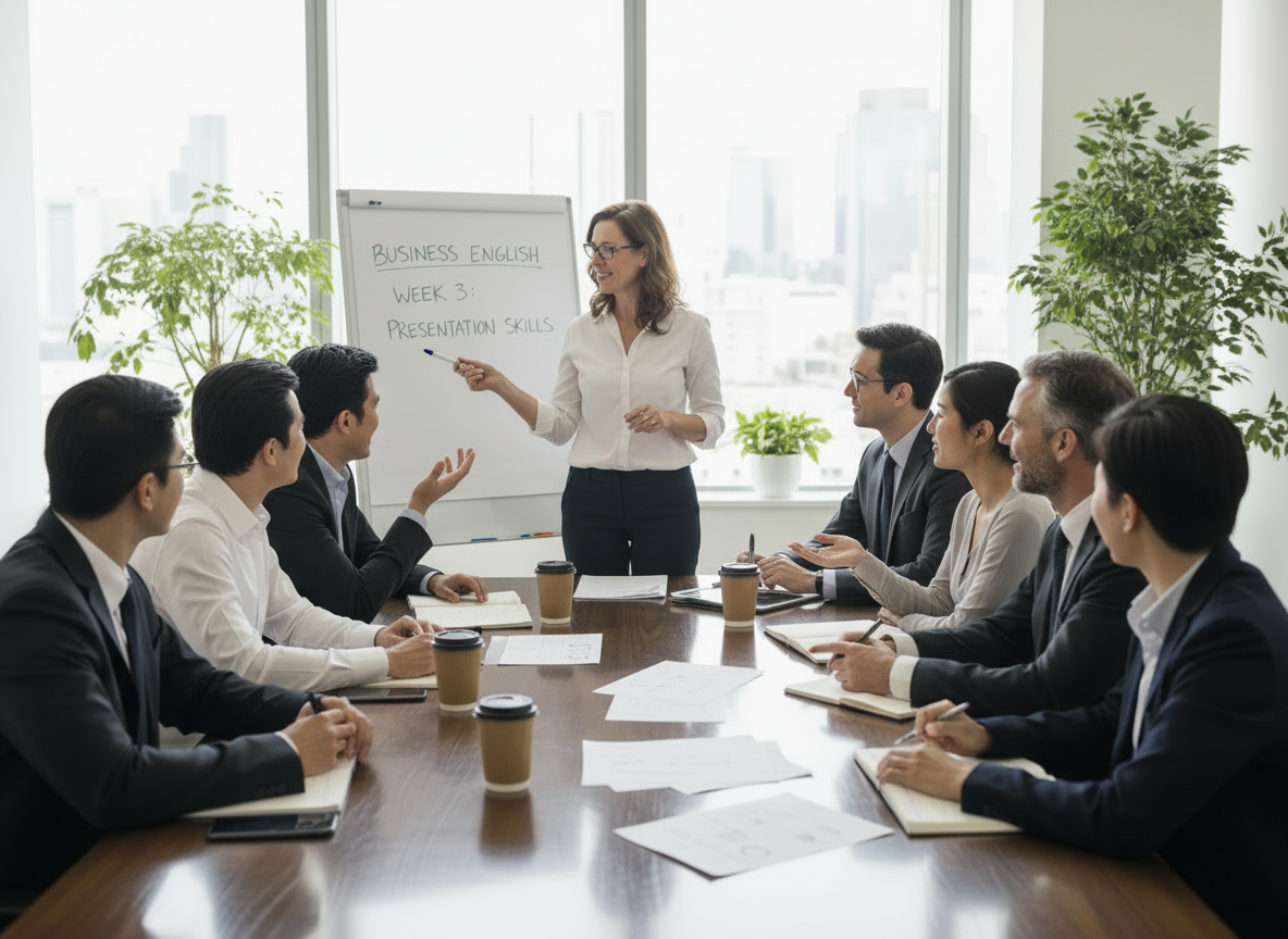 Formazione di inglese aziendale in aula con lavagna e partecipanti
